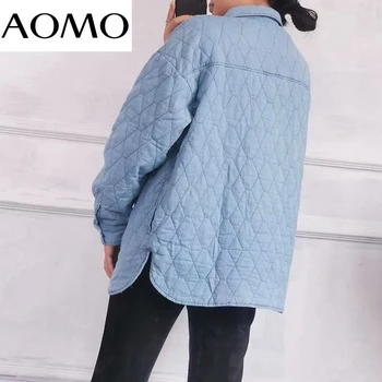 AOMO Ženy Modré Džínové Bundy Kabáty Saka Volné Dlouhé Rukávy Kapsy 2021 Dámské Elegantní Podzimní Zimní Kabát 6W04A