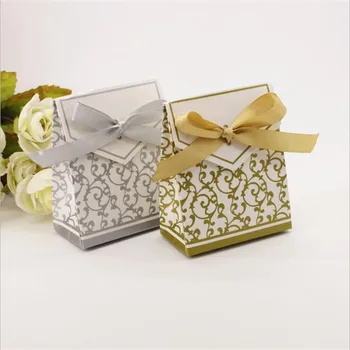 Romantický Gold Silver Cukroví Krabice Se Stuhou Svatební Laskavosti Dárkové Tašky Cukr Případě Birthday Party Decor Svatba Casamento