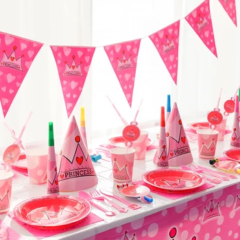Cartoon Pink Princess Crown Theme Jednorázové Nádobí Papírové Talíře, Ubrousky, Kelímky Baby Sprcha Narozeninové Party Dekorace Dodávky