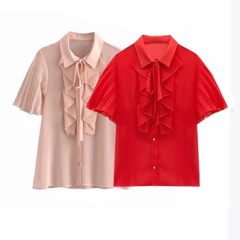 Za košile 2021 letní módní elegantní vrstvené ozdobné tričko retro klopový dámské s krátkým rukávem kanceláři elegantní ležérní top