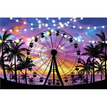Letní Pláž Ferris Wheel Pozadí Tropické Moře Palm Tree Západ Slunce Pozadí Foto Festival Party Dekorace, Fotografie