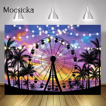 Letní Pláž Ferris Wheel Pozadí Tropické Moře Palm Tree Západ Slunce Pozadí Foto Festival Party Dekorace, Fotografie