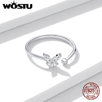 WOSTU 925 Sterling Silver, Motýl, Ocas, Prsten Nastavitelný Prst Otevřené Kroužky Pro Ženy Zásnubní Svatební Šperky Dárek FNR178