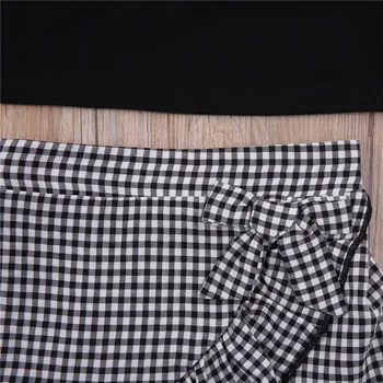 Dívky Ležérní dvoudílné Šaty Set, Černé, jednobarevné Krátký Rukáv Topy + Sukně Kostkovaný Vzor