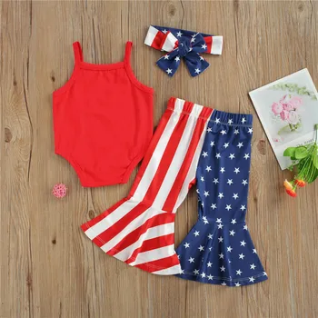 3ks Dítě Den Nezávislosti Oblečení, Plná Barva Špagety Popruhy Romper + Star Stripe Flare Kalhoty pro Novorozence Dívky