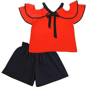 Girls Oblečení Set Letní Šifon Off Rameno t-shirt+ Krátké Kalhoty 2ks Dospívající Dívky Oblečení 8 10 12 13 Rok