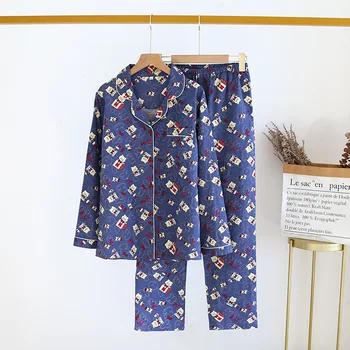 2021 Dámské Pyžamo Bavlněné Zase Dolů Límec Tenké Dámské oblečení na Spaní Tisk Dlouhý Rukáv Dlouhé Kalhoty Pyjama Oblek pro Ženy