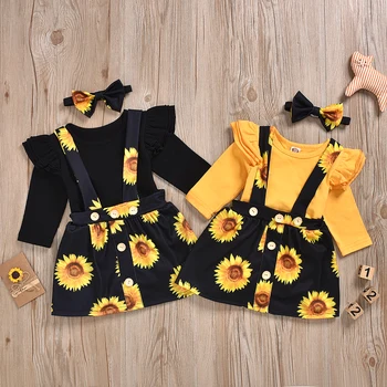 Podzim 0-24M 3KS Novorozence Baby Girl Děti Oblečení Bavlna Romper Slunečnice Sukně Oblečení Set