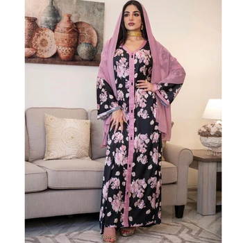 AB074 Dlouhé Šaty Černé S Růžovým Květinovým Abaya 2021 Žena Khimar Muslimské Ženy Jalabiya arabské Strany Oděvy Světě Oblečení Obchodě