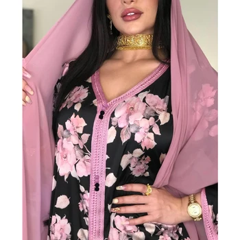 AB074 Dlouhé Šaty Černé S Růžovým Květinovým Abaya 2021 Žena Khimar Muslimské Ženy Jalabiya arabské Strany Oděvy Světě Oblečení Obchodě