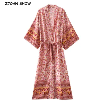 2021 BOHO Vyhledejte Korálově červené Květinové Tisk Dlouhé Kimono Tričko Hippie Ženy Obvaz Kravatu Luk Křídla Svetr Loose Halenka Topy Dovolenou