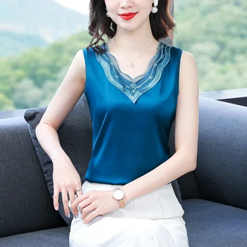 Letní Korean Módní Hedvábné tílko Dámské Saténové Office Lady Tank Top Mesh Solid Black Cami Top Volné pro Ženy
