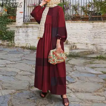 ZANZEA Muslimské Ženy Šaty Ležérní Volné Šaty Plný Rukáv Dlouhé Šaty Islámské Oblečení Kaftan Kostkovaný Župan Maroko Hidžáb Abaya
