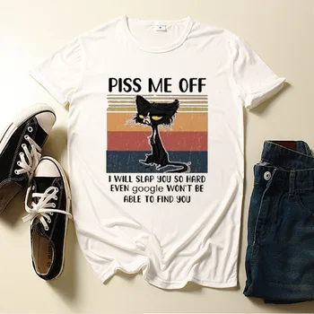 Unisex Tričko Mě naštval Dopis Print T Shirt Ženy Kočky Vintage Graphic Tees O-krk Krátký Rukáv Ležérní Letní Černá Trička