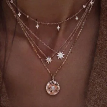 ADOLF, Český Hvězdičkový Sun Multi-vrstva náhrdelník Náhrdelník Pro Ženy Zlato Barva Vrstvené Boho Přívěsky Femme Collares Šperky Límec