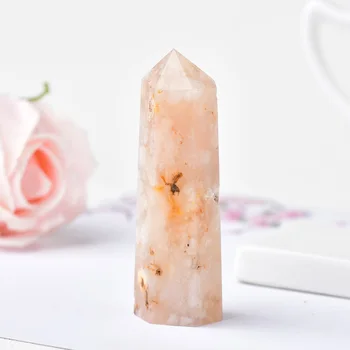 Přírodní Crystal Quartz Bod Healing Stone Cherry Blossom Achát Šestihranné Hranoly 50-80mm Obelisk Hůlka Kamenná Věž Domova