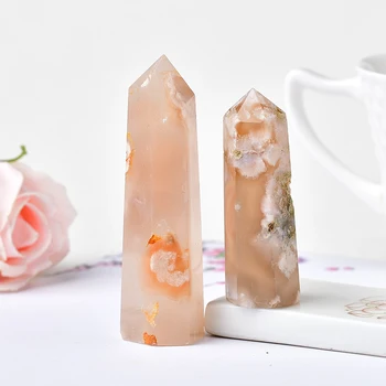 Přírodní Crystal Quartz Bod Healing Stone Cherry Blossom Achát Šestihranné Hranoly 50-80mm Obelisk Hůlka Kamenná Věž Domova