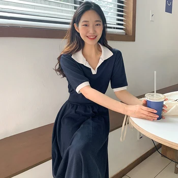 Korejpaa Ženy Šaty 2021 Letní Korejský Elegantní Temperament Klopě Kontrast Barva Zeštíhlující Pás Listového Rukáv Nad Kolena Úplet Vestidos