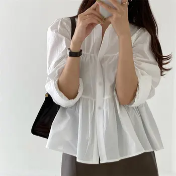 HziriP Volné Skládaný Puff Rukávy Topy Košile 2021 Streetwear Sladké Office Lady Korean Elegantní Vše Zápas Stylové Halenky