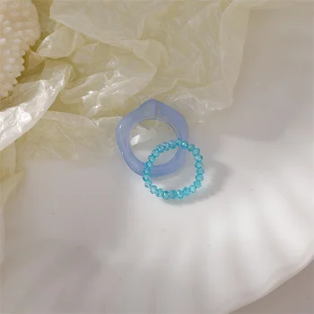 AOMU 2KS/SET Barevné Transparentní Akryl Crystal Korálky Kroužky Sladké Romantické Nepravidelné Geometrické Kulaté Index Prsteny pro Ženy