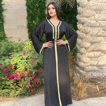 Černý Muslim Dubaj Hidžáb Šaty pro Ženy Ramadánu Eid Diamond Stuha Jalabiya Marocké Kaftan arabském Blízkém Východě Islámské Oblečení