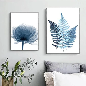 Abstraktní Modré Botanické List Plakáty, Tisky Minimalistický Nordic Květy Rostlin Malířské Plátno Umění Zdi Obrázky pro Obývací Pokoj
