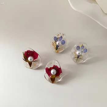 AOMU Korea Módní Jarní Květina, Imitace Perla Lesklé Flitry Jednoduchý Pryskyřice Stud Náušnice Pro Ženy, Dívky 2021 Elegantní Šperky