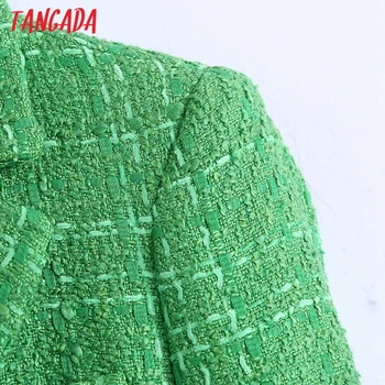 Tangada Ženy Dvojí Breasted Zelené Tvídové Sako Kabát Vintage Dlouhý Rukáv Office Lady Oblečení BE611