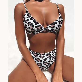Ženy Obvaz Bikini 2ks Set Push-up Animal Print Leopard Vysokým Pasem Beach Plavky bandeau Polstrovaná Podprsenka Plavky Plavky