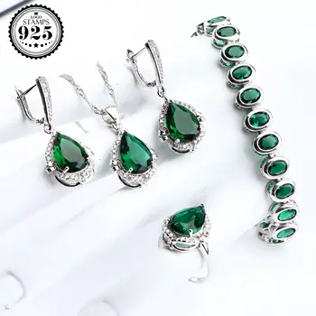 Stříbro 925 Svatební Šperky Sady Pro Ženy, Zelené Zirkony Snubní Šperky Set Přívěsek, Prsten, Náušnice, Náramky, Dárky Box