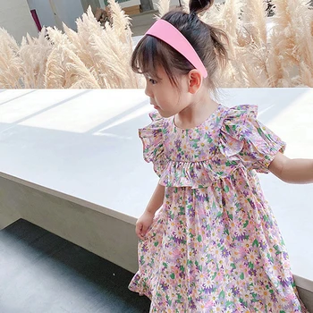 Humor Bear Dívčí Šaty 2021 Nové Letní Puff Seeve Květinové Tištěné Roztomilé Sladké Batole Dětské Oblečení