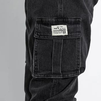 Jednotlivé Silniční Pánské Džíny Nákladu Muži 2021 Boční Kapsy Slim Fit Denim Kalhoty Kalhoty Streetwear Černé Džíny Pro Muže, Plus Velikost 8XL