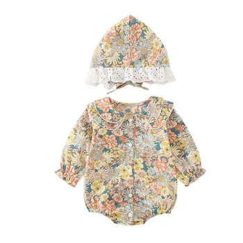 Baby romper 0-2 roky staré dítě 2021 jaře a na podzim dlouhý rukáv tištěné jednodílné panenka límec zahraniční stylu romper s kloboukem