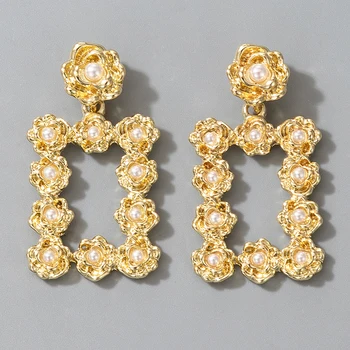 Docona Luxusní Perlový Květina Náušnice pro Ženy Vintage Zlatá Barva Kovu Geometrické Náušnice Módní Svatby Okouzlující Šperky