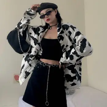 Korejský retro streetwear kráva tisk ležérní volné, tenké džínové bundy ženy