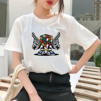 Zábava Příležitostné Ženy tričko Rubikova Kostka Tištěné Módní Mladá Šťastná žena Oblečení, Letní Ropa Estetické 2021 Camiseta Mujer