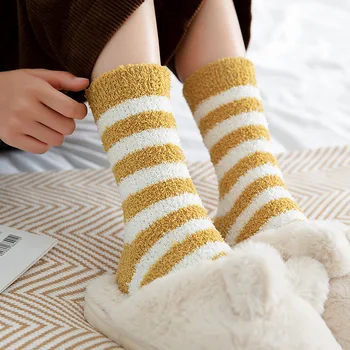Pruhované Ponožky Ženy Nadýchané Coral Sametové Tlusté Teplé Zimní Ponožky Pro dívky vnitřní Podlahy Ručník Ponožky Prodyšné Ženy, roztomilé Sox Soks