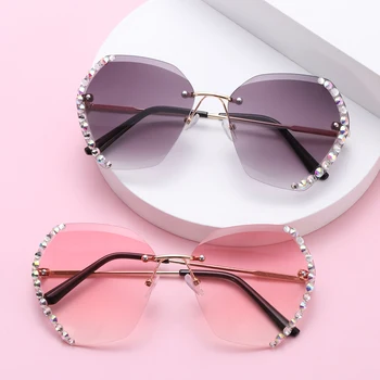 Vintage Módní Nadrozměrné Sluneční Brýle Bez Obrouček Ženy Známé Luxusní Značky Design Sexy Diamond Náměstí Sluneční Brýle Pro Ženy 2021