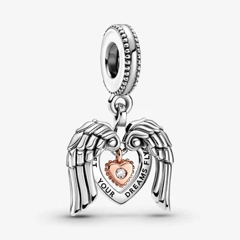 2021 Nové 925 Sterling Silver Korálky Klub Andělská Křídla A Srdce Houpat Kouzlo Fit Originál Pandora Náramek Ženy DIY Šperky