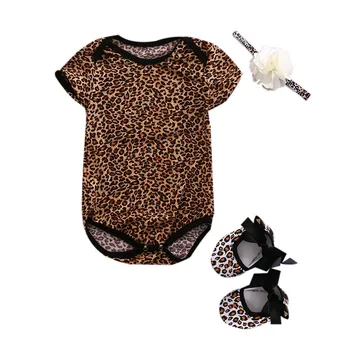 2KS Novorozeně Dívka Šaty Květinové Leopard s Krátkým Rukávem Romper Kombinéza+Boty+Černobílá 3ks Sady Baby Letní Oblečení 0-12M