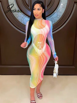 Joskaa Ok Čiré Tištěné Dlouhé Šaty Ženy Módní Sexy Rainbow Letní Šaty Obvaz Slim Boky Strench Šaty 2021 Fitness