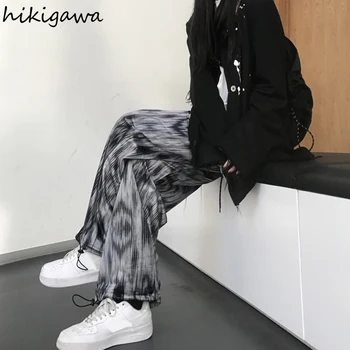 Hikigawa Streetwear Ženy Kalhoty Vintage 2021 Módní Kalhoty Tie Dye Vysokým Pasem Ženské Běžci Volné Rovné Dámy Tepláky