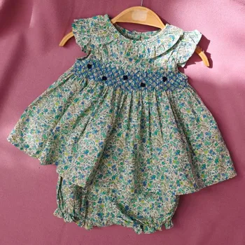 2021 Letní baby girl vintage květinový smocked šaty děti vyšívané bavlny, dvě sady princezna šaty
