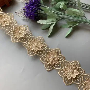 2 Yard Gold Pearl Lace Double Květ Vyšívané Trim Stuha Patchwork DIY Ruční Šaty Svatební Sewing Supplies Craft 5,5 cm