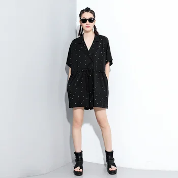 [EAM] Ženy Black Dot Tištěné Šňůrky Velké Velikosti Oblečení Nové V-Neck Polovina Rukáv Loose Fit Módní Příliv Jaře, v Létě 2021 1X828