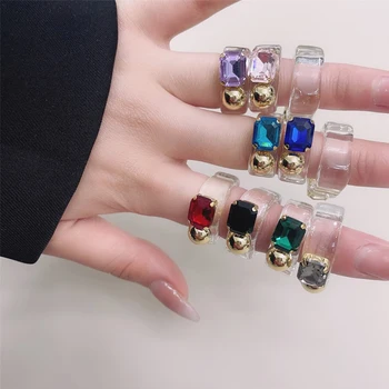 Korea Módní Barevné Transparentní Pryskyřice Akrylové Prsten Pro Ženy, Kreativní Geometrické Čtvercový Kulatý Nepravidelný Prsteny Šperky