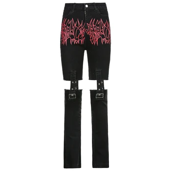 Weekeep Gotické Vytisknout, vystřihnout Blcak Džíny Ženy Vysoké Pasu Džínové Dlouhé Kalhoty Letní Vintage 90S Harajuku Street Punk Kalhoty