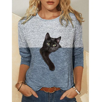 2021 Ležérní Harajuku T Košile Dámské Oblečení Vtipné, Roztomilé 3D Kreslená Kočka Tisk Dlouhý Rukáv Tričko Tee Shirt Femme Svetr Topy
