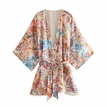 WXWT Za Ženy Patchwork Tisk Tenké Kimono Kabáty Volné Polovina Rukáv s Lomítkem 2021 Letní Dámy Kabát OZZ1105