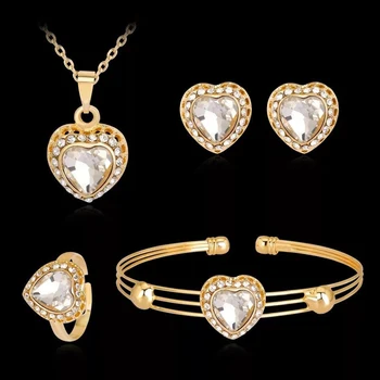 Barevné Srdce Se Zirkony Snubní Šperky Sady Luxusní Crystal Svatební Náhrdelník Náušnice Náramek Prsten Zlaté Barvy Šperky Set